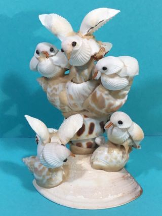 Vintage Sea Shell Folk Art Handmade Fluted Scaled Clam Shell Birds Figure Gift