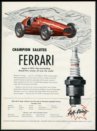 1953 Ferrari Grand Prix Race Car Art Champion Spark Plugs Vintage Print Ad