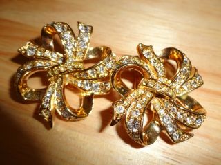 Vintage Kenneth Jay Lane For Avon Pave Rhinestone Gold Tone Bow Clip On Earrings