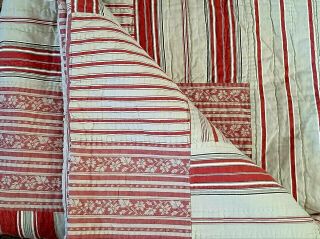 Pottery Barn Quilt King " Vintage Stripe " Cotton Quilted Patchwork Red Khaki Tan