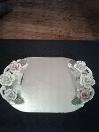 Vintage Oval Dresser Vanity Mirror Tray With Pink Porcelain Roses 13.  5 " X 8.  5 "