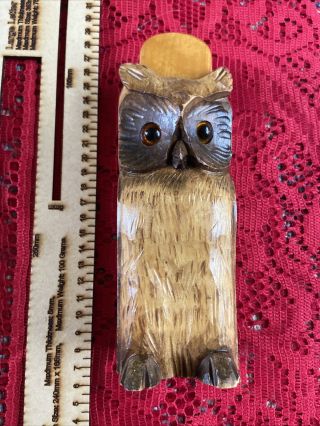 Vintage Black Forest Carved Wood Owl With Glass Eyes Pencil Or Brush Holder 6.  5 "