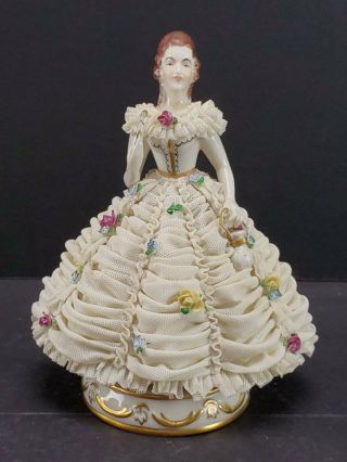 Mz Germany Dresden Porcelain Figurine Lady In Dresden Lace Dress