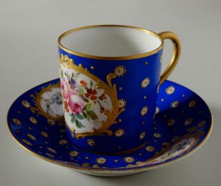 Blue French Porcelain Demitasse Cup & Saucer W/ Hand Painted Flowers & Gold Rim
