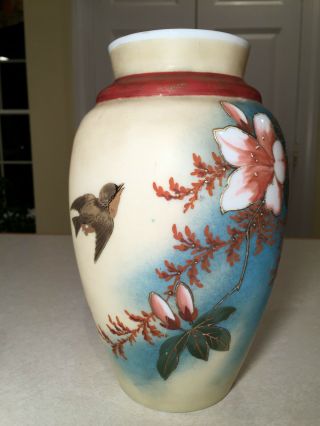 Antique/vintage Victorian Hand - Painted Glass Vase Floral Satin Custard/milkglass