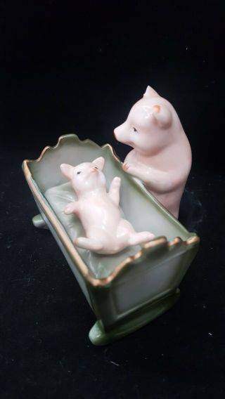 Rare Cute Victorian Pig Fairing " Mummy Pig & Baby In Cot " German Porcelain