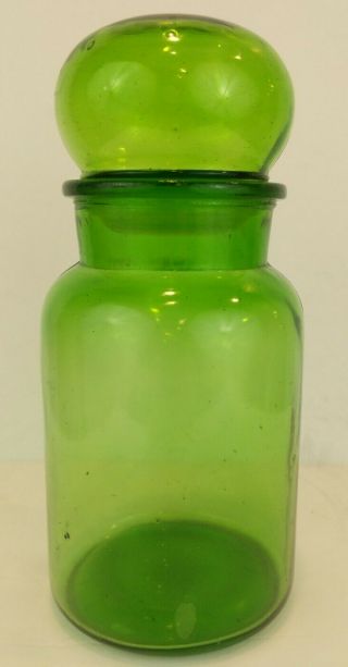 Vintage Blown Green Glass Apothecary Jar Canister Dome Lid Belgium 8.  5 " Mcm Exc