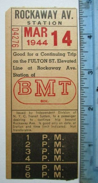 1944 Nycts Rockaway Av Station Fulton St El Subway Brooklyn York Nyc Ticket