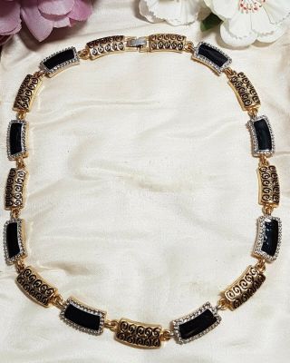 Gorgeous Vintage Goldtone Silvertone & Black Enamel Link Collar Choker Necklace