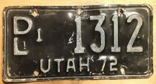 1972 Dealer Utah State License Plate Dl - 1 - 1312 Ut 72 See 1937 To 1996 Run