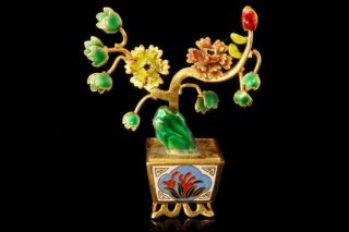 Vintage Chinese Green Blue Flower Pot Cloisonne Figural Brass D84 - 15