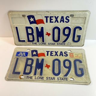 1994 Texas License Plate Set Pair Lbm09g July Tag Vintage 90s