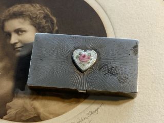 Antique Vintage Wells Sterling Pill Box With Enamel Pink Rose Heart