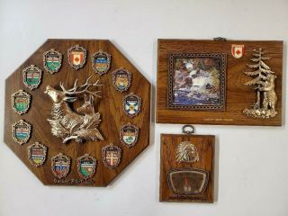 3 Vintage A&f Canada Wall Hanging Plaques Elk Bear Chief Quebec Manitoulin