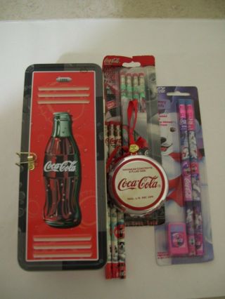 Vintage Coca - Cola Pencil Case Tin Box With 9 Pencils & Sharpener Euc
