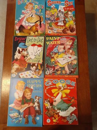 6 Vintage 1949 - 1961 Large Merrill Co.  Coloring,  Paint Books Children Nos