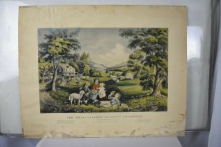 Large Folio Antique Currier & Ives Print " The Four Seasons Of Life : Childhood "