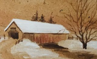 Vtg Hand Painted Winter Landscape Wall Art Wood Frame Small 6” X 3”
