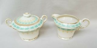 Vintage Betsy Ross Old Ivory Syracuse China Turquoise Sugar W/ Lid & Creamer