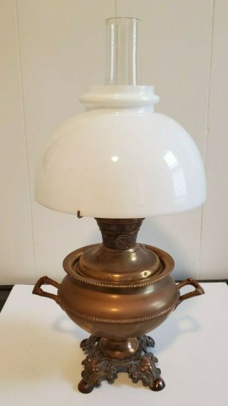 Vintage/antique Ornate Brass Table Kerosene/oil Lamp With Chimney And Shade
