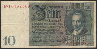 1929 10 Reichsmark Germany Vintage Nazi Money Banknote Third Reich Currency Vf