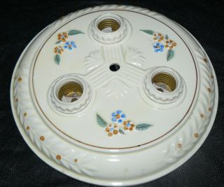 Antique Vintage Porcelier Porcelain Ceiling Light Fixture 3 Bulb Floral