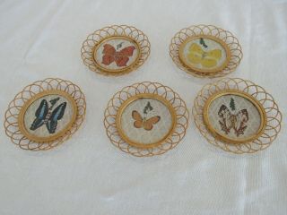 5 Vintage Butterfly Wicker Drink Coasters Rattan With Pressed Wings Boho Chic