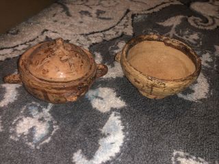 2 Vintage Native American Pottery Small Bowls With Handles & One W/lid Handmade