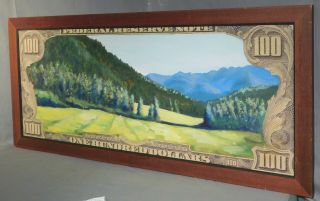 Vintage Modern Pop Art Oil Painting Giant 100 Dollar Bill Landscape Big