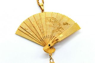 Vintage Gold Tone Asian Fan Crane And Dragon Pendant Chain Necklace