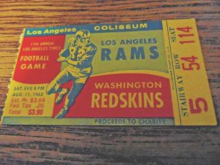 Rare Vintage 1962 Los Angeles Rams Vs Washington Redskins Ticket Stub
