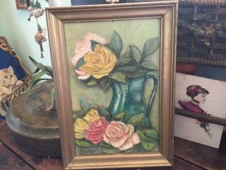 Lovely Vintage Signed Oil Painting Of Roses On Artist Panel High Relief 1970’s