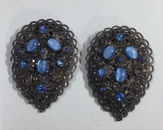 Vintage Shoe Clip Set Silver With Blue Stones And Rhinestones