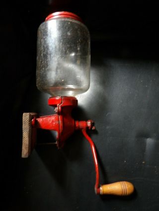 Antique Arcade Cast Iron Glass Wall Mount Coffee Grinder Painted Red