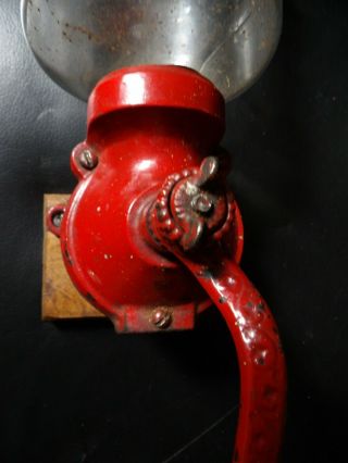 Antique Arcade Cast Iron glass Wall mount coffee Grinder Painted Red 2