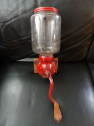 Antique Arcade Cast Iron glass Wall mount coffee Grinder Painted Red 3