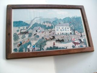 Vintage Grandma Moses Eagle Bridge Hotel Print Antique Wood Frame 16 " X 25 " Old