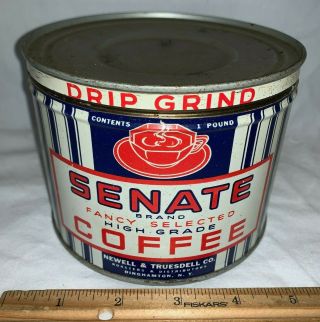 Antique Senate Coffee Tin Litho 1lb Keywind Can Binghamton Ny Old Grocery Store