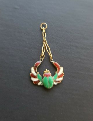 Antique Egyptian Revival Winged Scarab Pendant With Enamel,  Brass & 14kt Gold