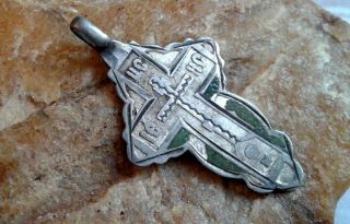 Antique 19th Century Solid Silver 84 Russian Orthodox " Skull " Cross With Enamel