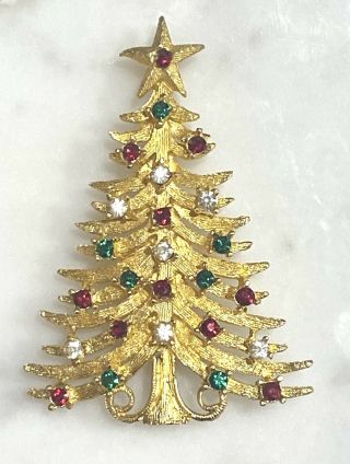 Vintage Mylu Signed Rhinestone Christmas Tree Brooch Pin Gold Tone