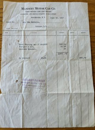 1917 Ford Model T Touring Car Sales Receipt Rochester Ny Mandery Motors