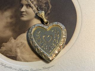 Antique Vintage Gold Filled Heart Shape Locket Pendant Charm Necklace Etched
