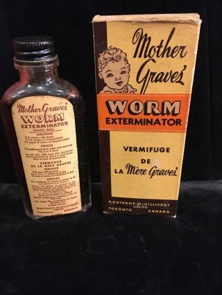 Vintage Mother Graves Worm Exterminator Glass Bottle & Box Quack Medicine