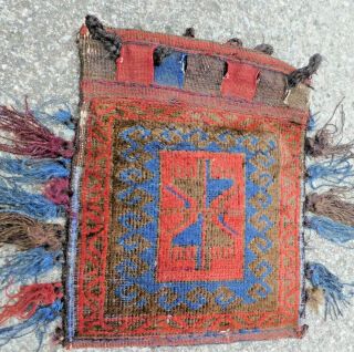 Antique Tribal Nomad Oriental Rug Saddle Bag Hand Woven Textile Folk Art Face