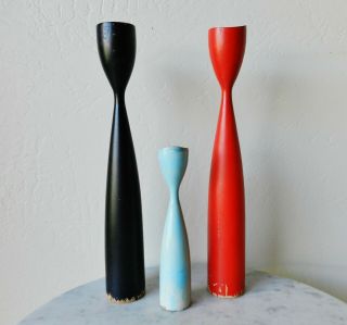 Set 3 Mid - Century Modern Danish Colored Wood Candlestick Holders Vintage