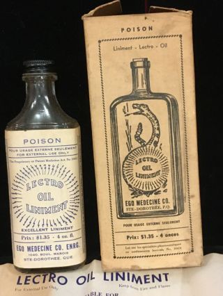 Vintage Lectro Oil Liniment French Poison Glass Bottle & Box Quack Medicine