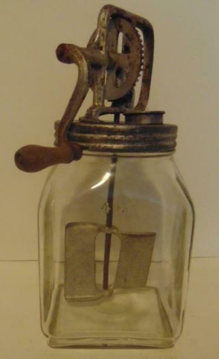 Antique Butter Churn Marked 4qt On Glass Jar W/wood Hand Crank & Metal Paddle