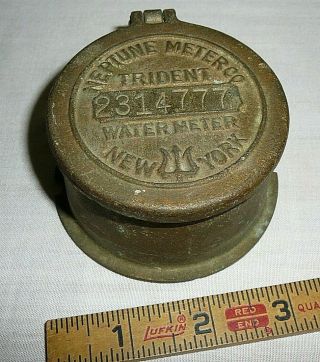 Old Vintage Brass Neptune Company Water Meter Trident York With Flip Up Lid