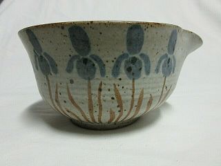 Vtg Studio Pottery Hand Thrown Small Mixing Batter Bowl Spout Blue Iris Floral